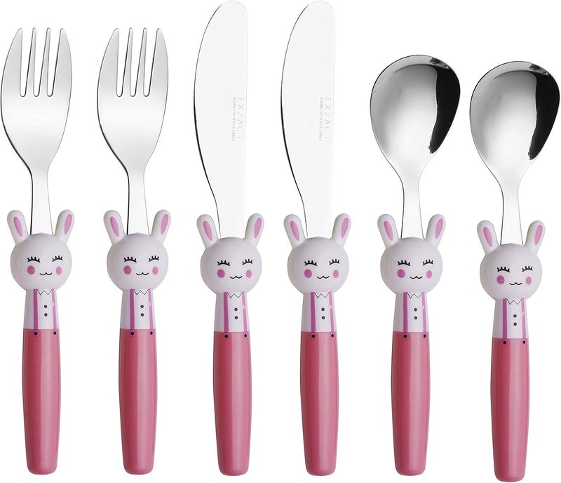 Exzact Children Flatware Pink Rabbit 6pcs Stainless Steel, Kids Silverware Toddler Utensils - BPA Free, Dishwasher Safe, 24M+ - Image 1